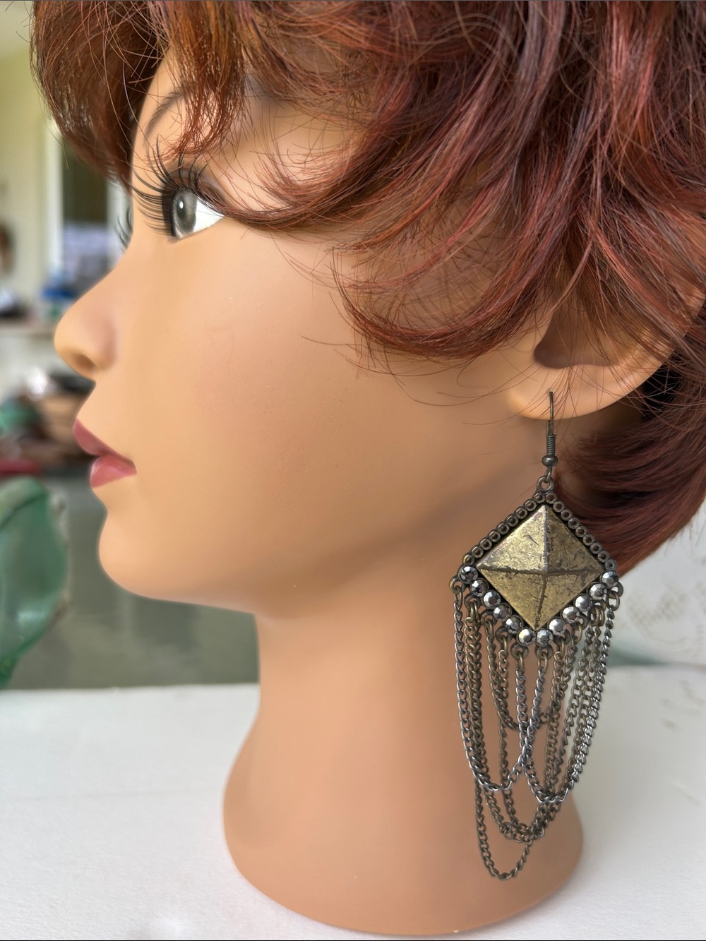 Gold and Gunmetal Pyramid Fringe Drop Earrings - Women Jewelry